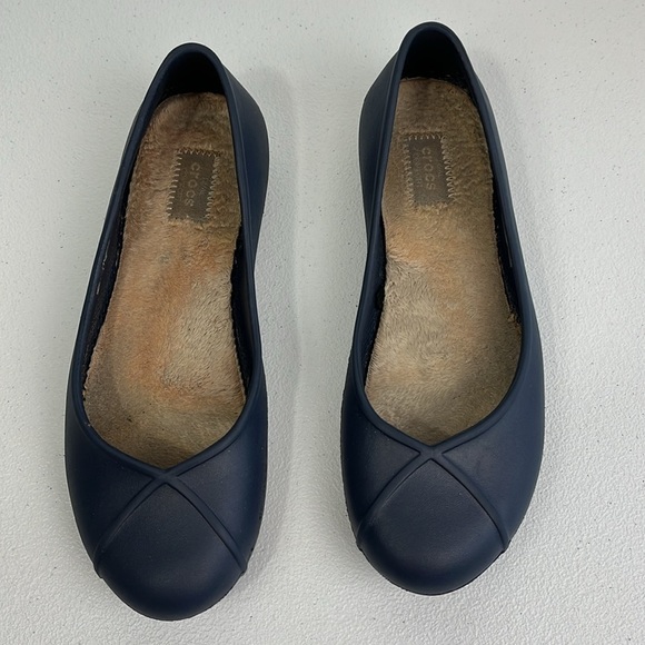 CROCS Shoes - Crocs Olivia II Shoes Faux-Fur Lined Ballet Flat Dual Comfort Blue Slip-on 8